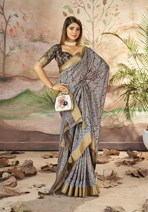 Dull Brown Woven Printed Dolla Silk Saree Set