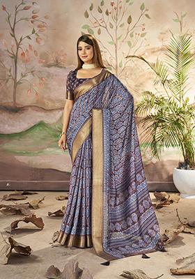 Purple Brown Woven Printed Dolla Silk Saree Set