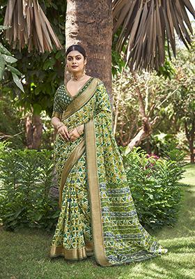Light Green Woven Printed Kalamkari Silk Saree Set