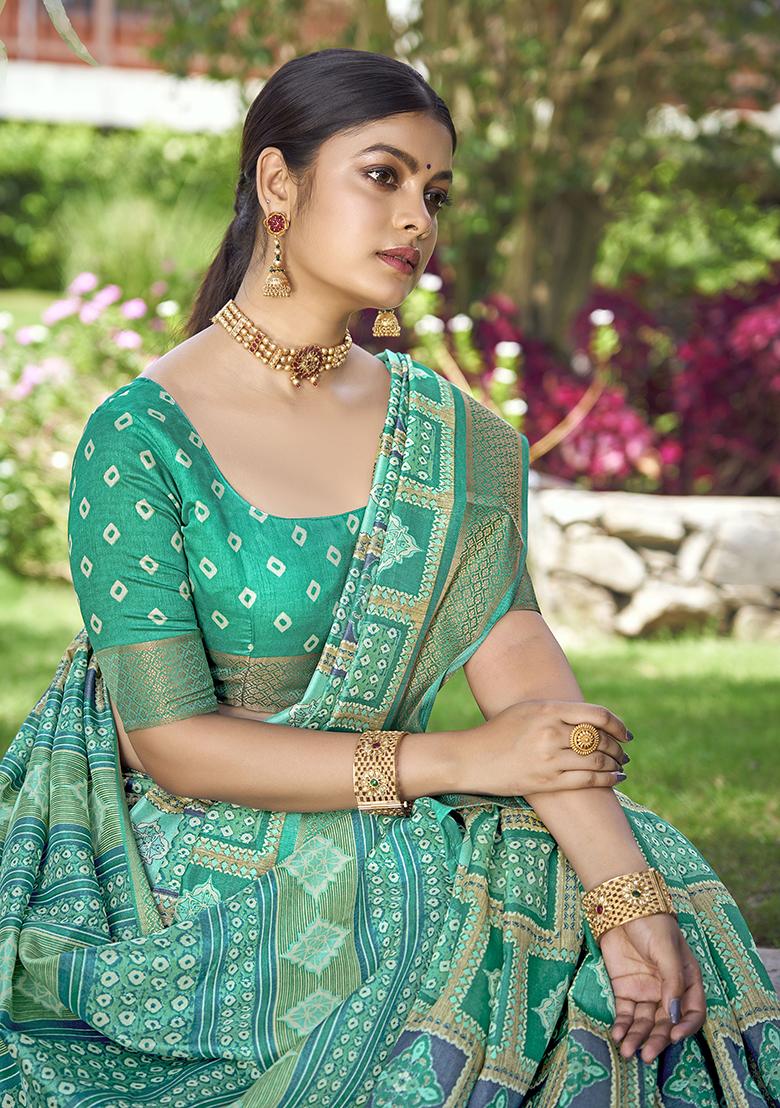 Rama Green Woven Printed Kalamkari Silk Saree Set