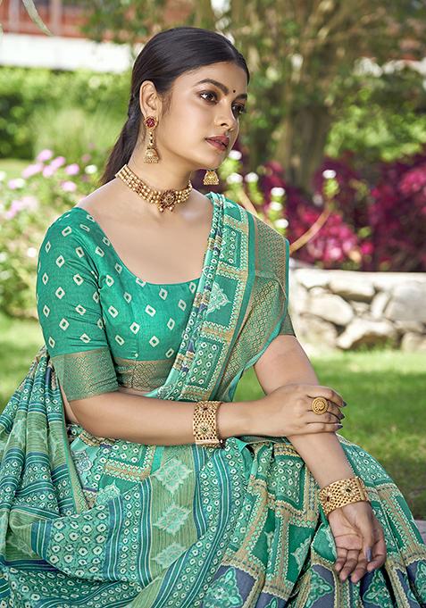 Rama Green Woven Printed Kalamkari Silk Saree Set