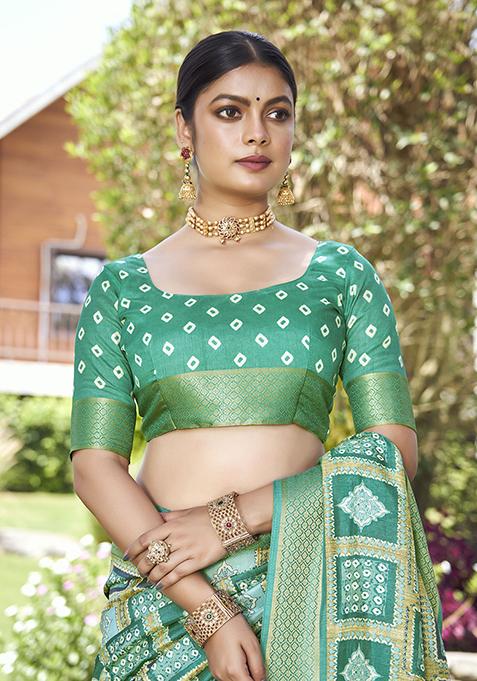 Rama Green Woven Printed Kalamkari Silk Saree Set