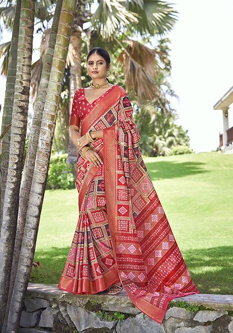 Red Woven Printed Kalamkari Silk Saree Set