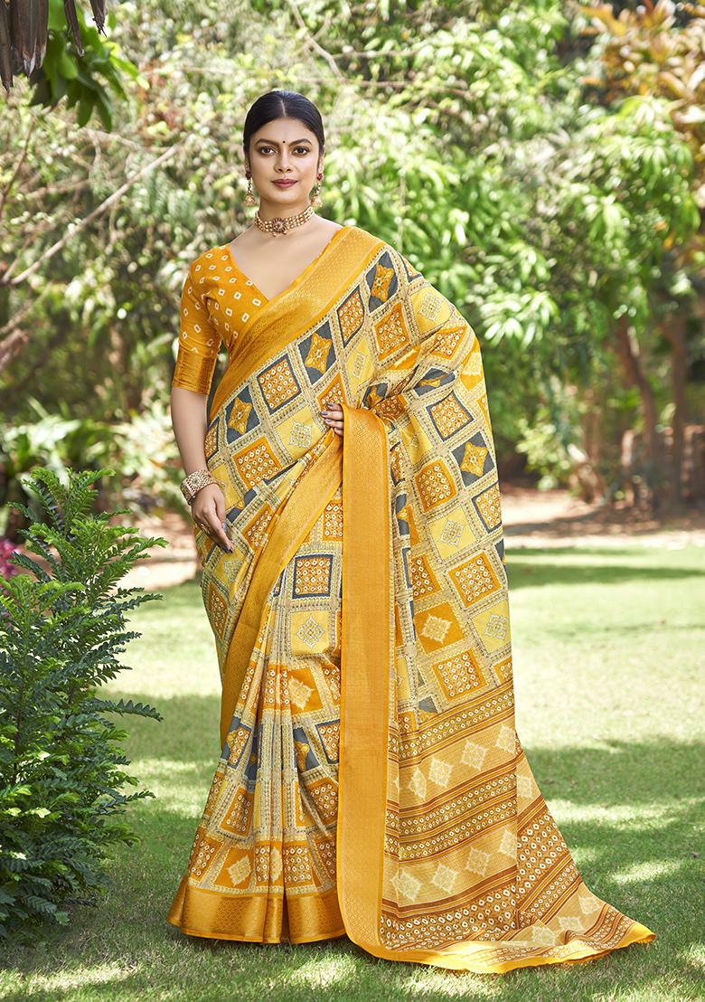 Yellow Woven Printed Kalamkari Silk Saree Set