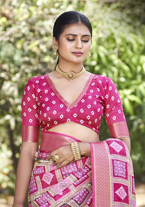 Pink Woven Printed Kalamkari Silk Saree Set