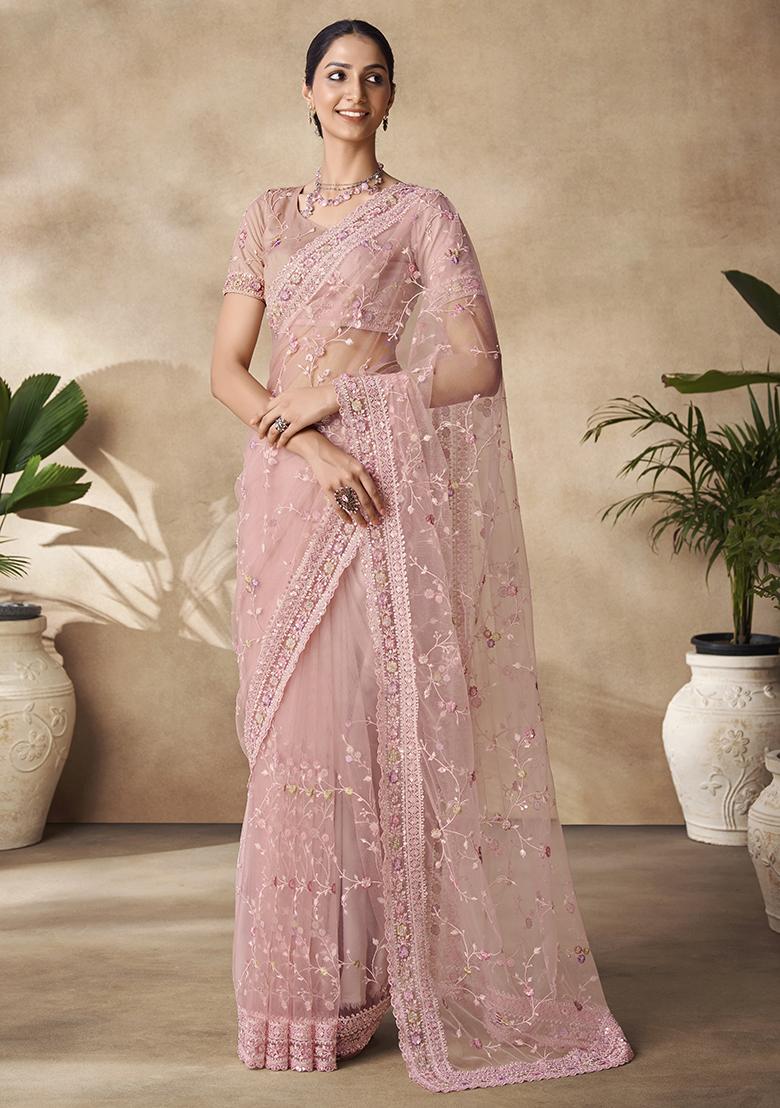 Peach Thread Sequin Embroidered Net Saree Set