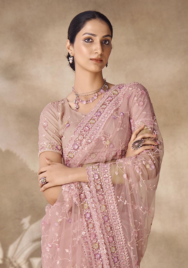 Peach Thread Sequin Embroidered Net Saree Set