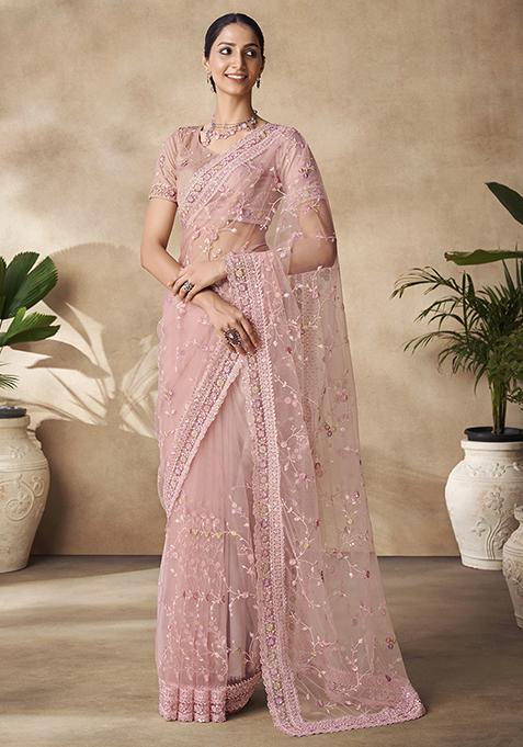 Peach Thread Sequin Embroidered Net Saree Set