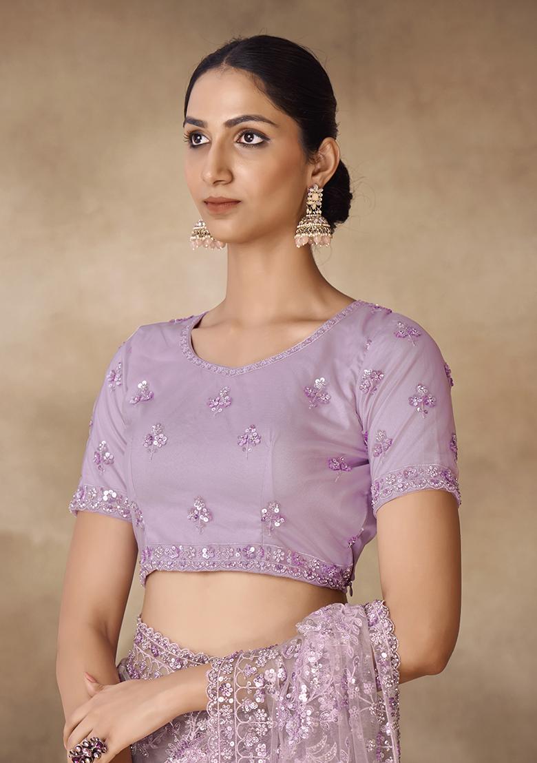 Lilac Thread Sequin Embroidered Net Saree Set