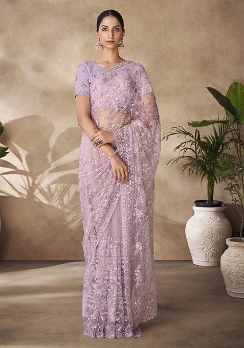 Lilac Thread Sequin Embroidered Net Saree Set