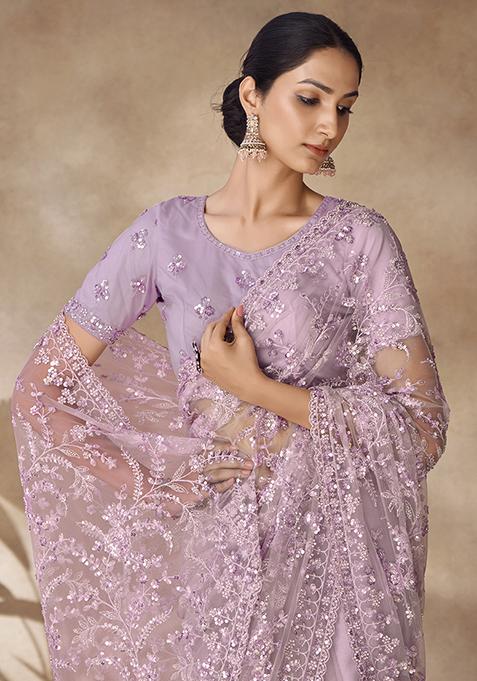 Lilac Thread Sequin Embroidered Net Saree Set