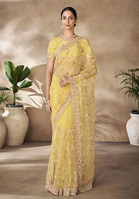 Yellow Thread Sequin Embroidered Net Saree Set
