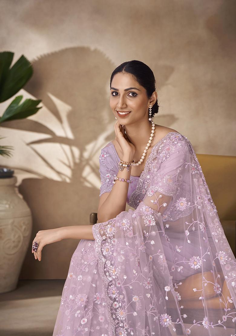 Lilac Thread Sequin Embroidered Net Saree Set