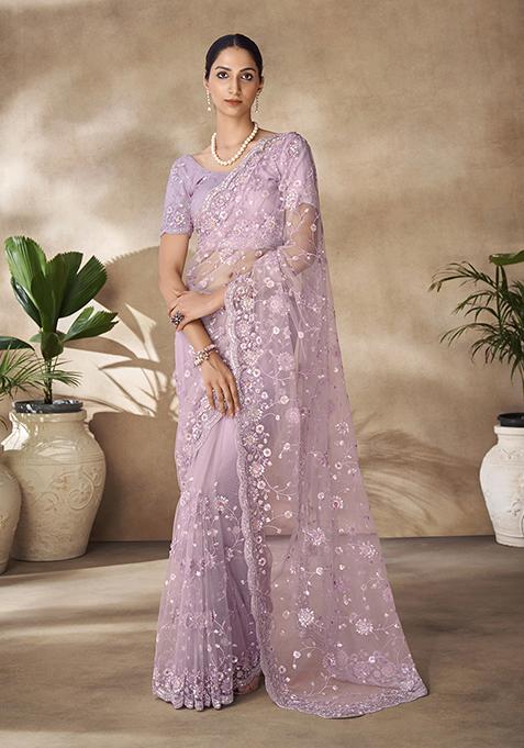 Lilac Thread Sequin Embroidered Net Saree Set