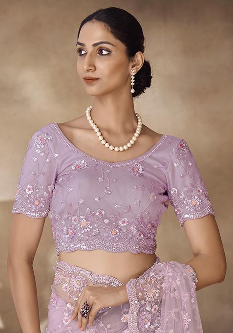 Lilac Thread Sequin Embroidered Net Saree Set