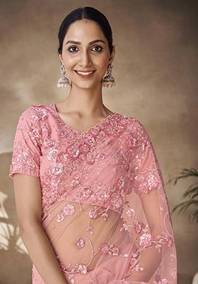 Peach Thread Sequin Embroidered Net Saree Set