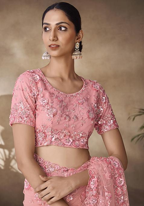 Peach Thread Sequin Embroidered Net Saree Set