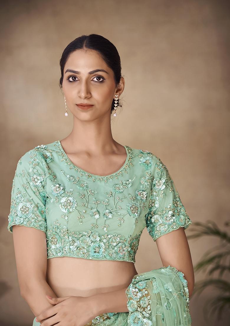 Mint Green Thread Sequin Embroidered Net Saree Set