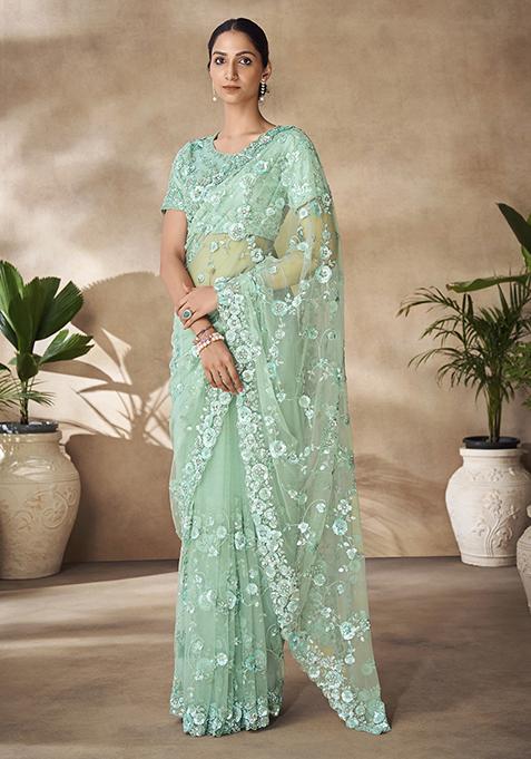 Mint Green Thread Sequin Embroidered Net Saree Set