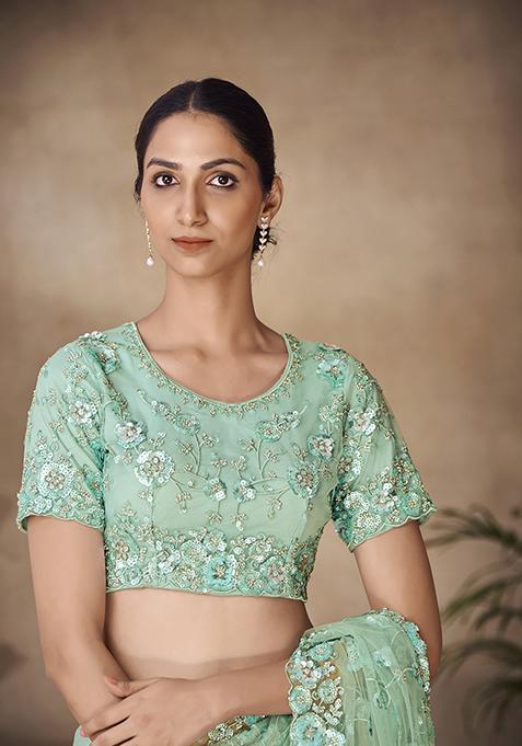 Mint Green Thread Sequin Embroidered Net Saree Set