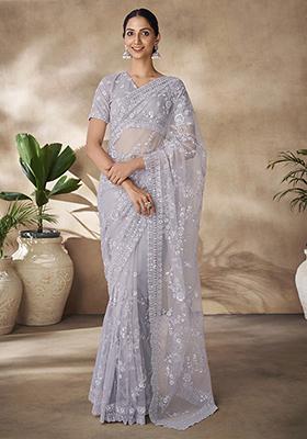 Grey Thread Sequin Embroidered Net Saree Set