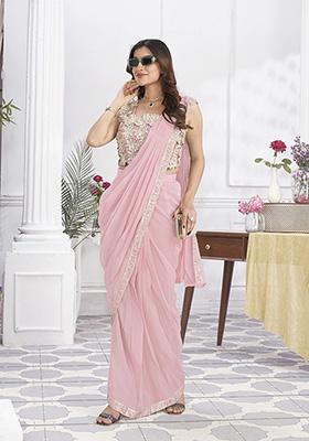 Pink Sequin Embroidered Shimmer Georgette Saree Set