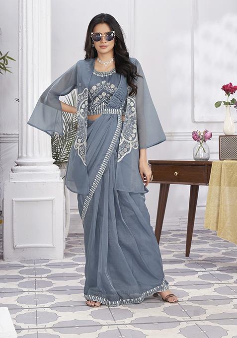 Grey Sequin Embroidered Organza Saree Set