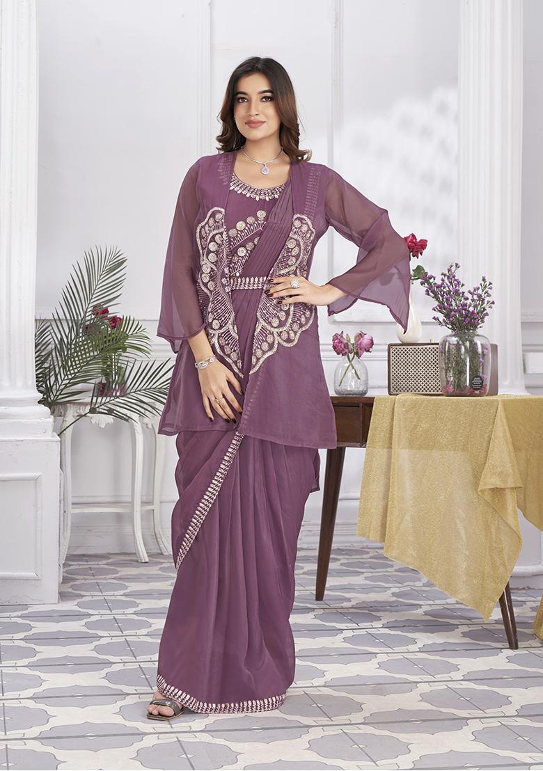 Wine Sequin Embroidered Organza Saree Set