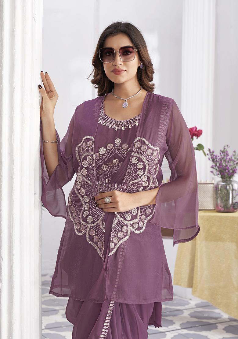 Wine Sequin Embroidered Organza Saree Set