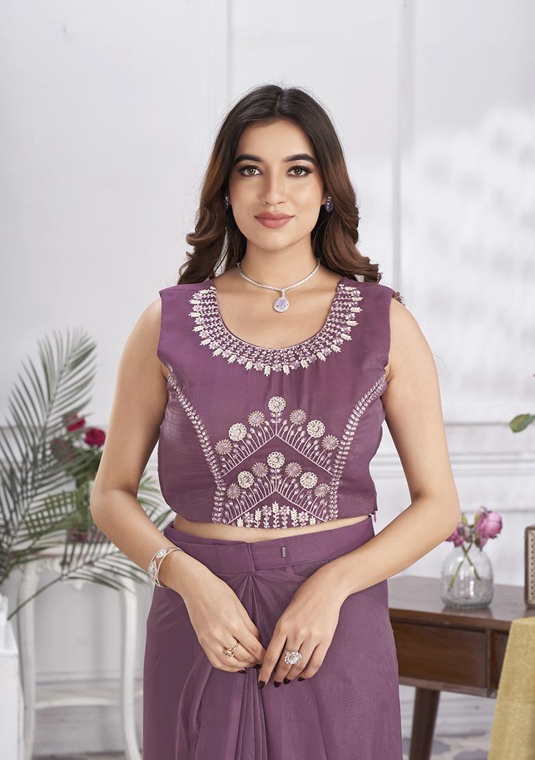 Wine Sequin Embroidered Organza Saree Set