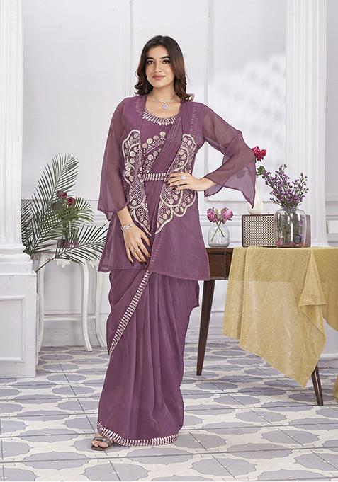 Wine Sequin Embroidered Organza Saree Set