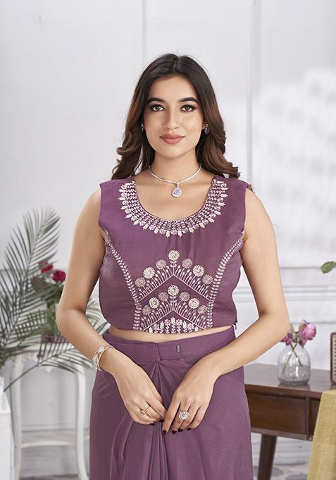 Wine Sequin Embroidered Organza Saree Set