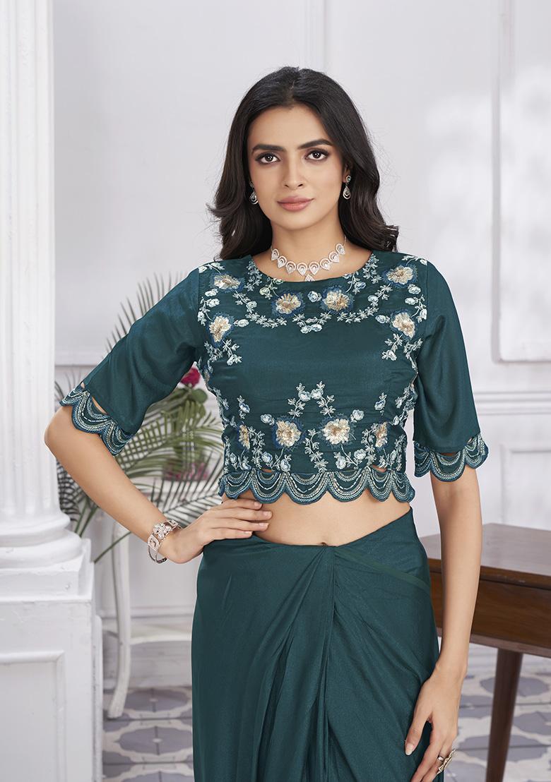 Turquoise Sequin Embroidered Shimmer Georgette Saree Set