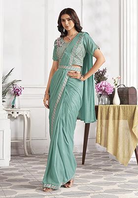 Aqua Blue Sequin Embroidered Satin Silk Saree Set