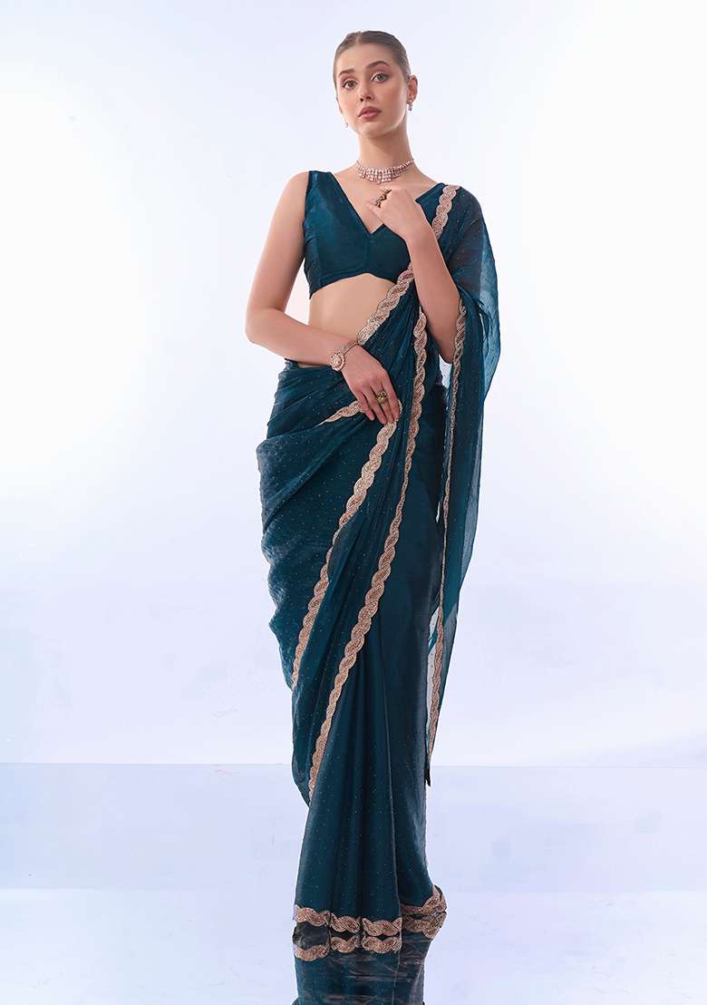Teal Blue Swarovski Work Burberry Saree Set - Indya
