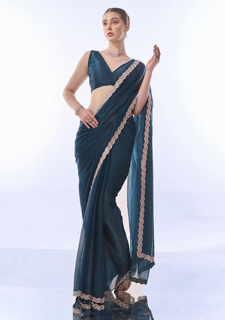 Teal Blue Swarovski Work Burberry Saree Set