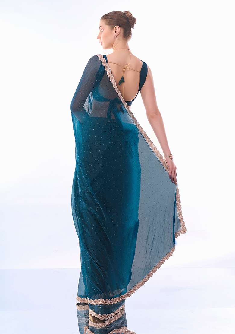 Teal Blue Swarovski Work Burberry Saree Set - Indya