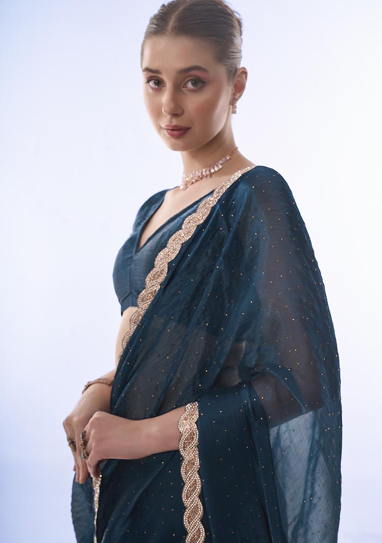 Teal Blue Swarovski Work Burberry Saree Set