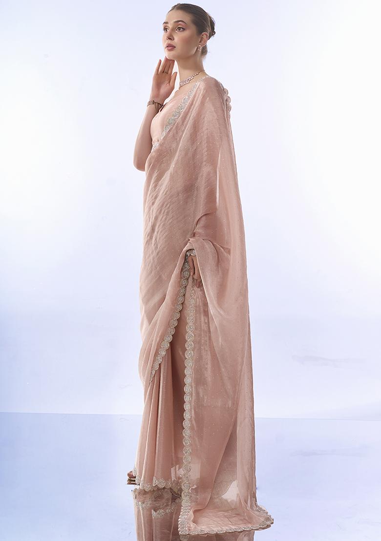 Peach Swarovski Work Burberry Saree Set