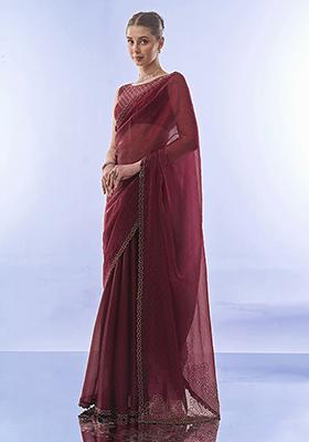 Maroon Swarovski Work Burberry Saree Set