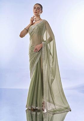 Pista Green Swarovski Work Burberry Saree Set