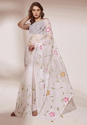 Off White Printed Blooming Organza Saree Set
