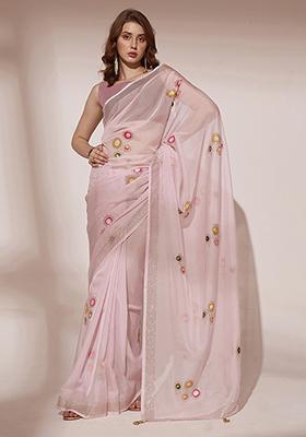 Pink Printed Blooming Organza Saree Set