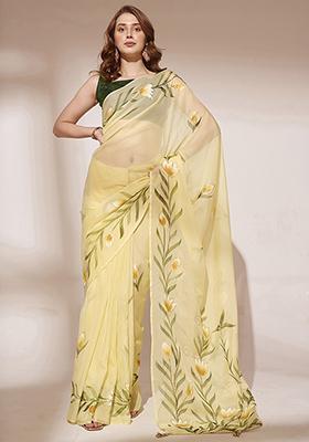 Yellow Printed Blooming Organza Saree Set