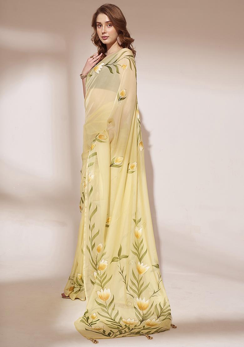 Yellow Printed Blooming Organza Saree Set