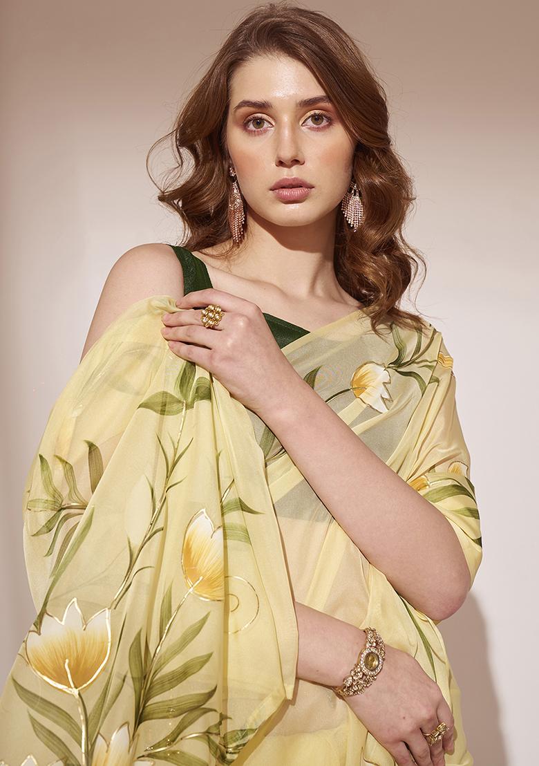 Yellow Printed Blooming Organza Saree Set
