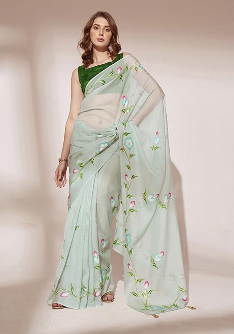 Pista Green Printed Blooming Organza Saree Set