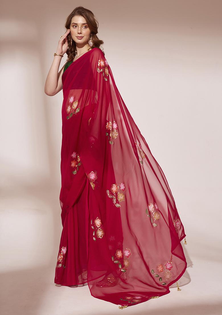 Red Printed Blooming Organza Saree Set