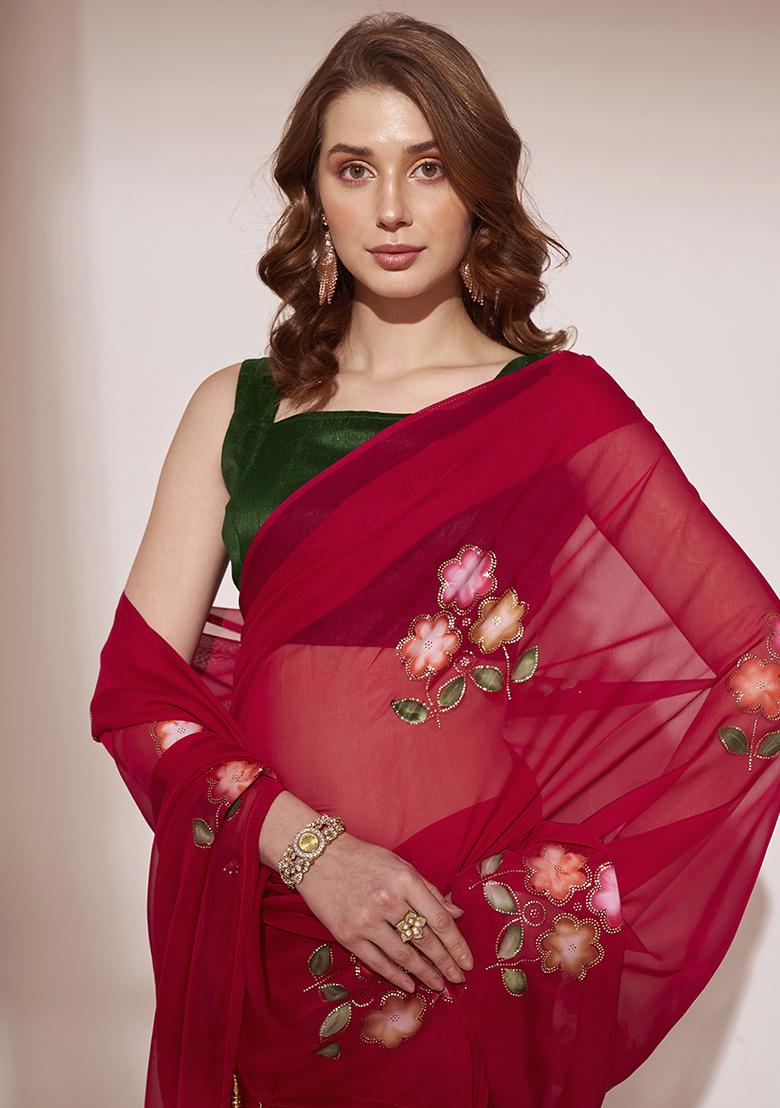 Red Printed Blooming Organza Saree Set