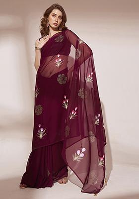 Wine Printed Blooming Organza Saree Set